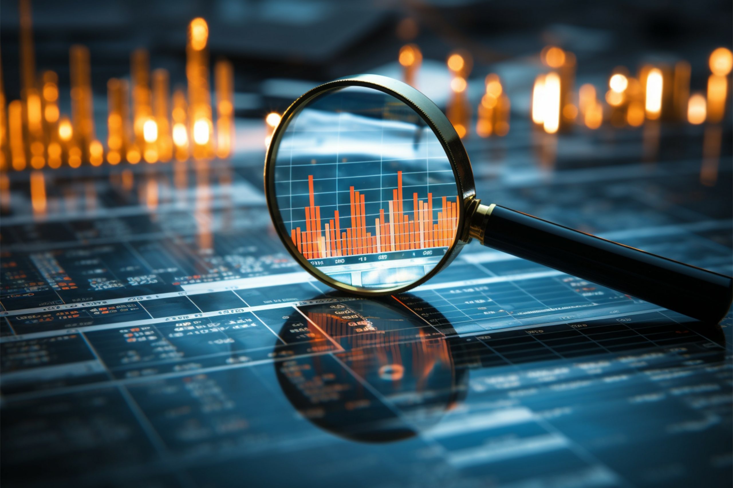 Analytical research in the economy, magnifying glass examining financial data