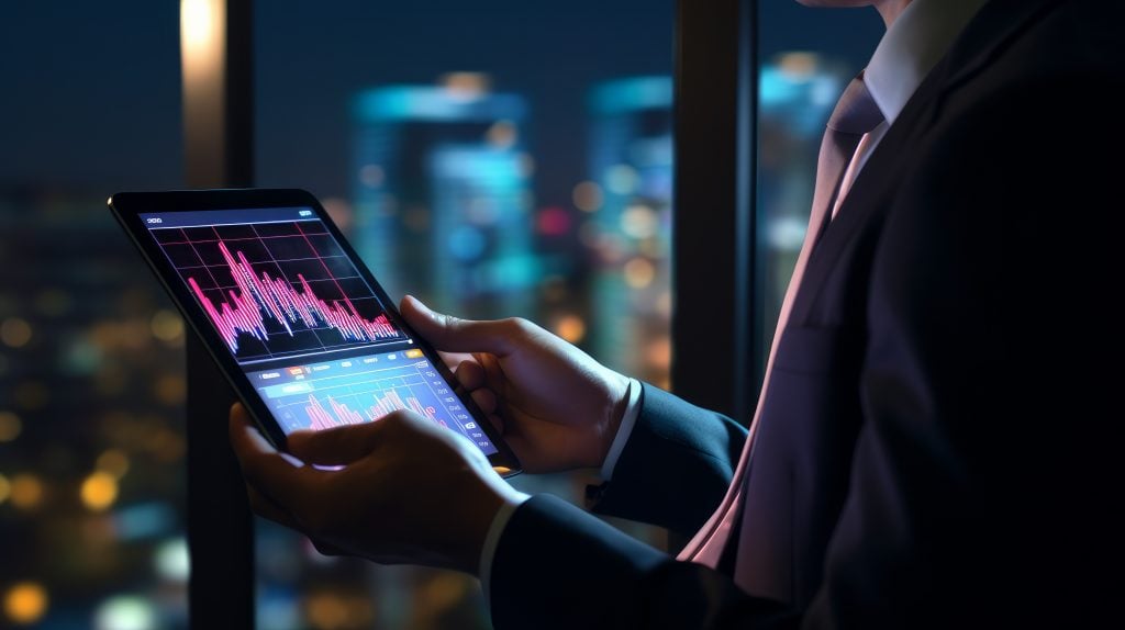 Business man holding tablet and showing holographic graphs and stock market statistics gain profits. Concept of growth planning and business strategy. Display of good economy form digital screen