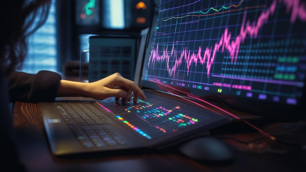 A woman hands writing information about stock market in notepad. Forex chart holograms in front. Concept of research., generative ai,