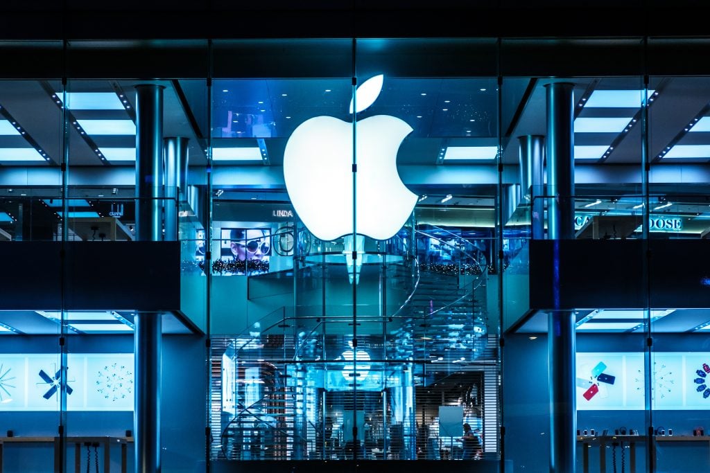 The Apple Logo on Apple Store facade in Hongkong at night