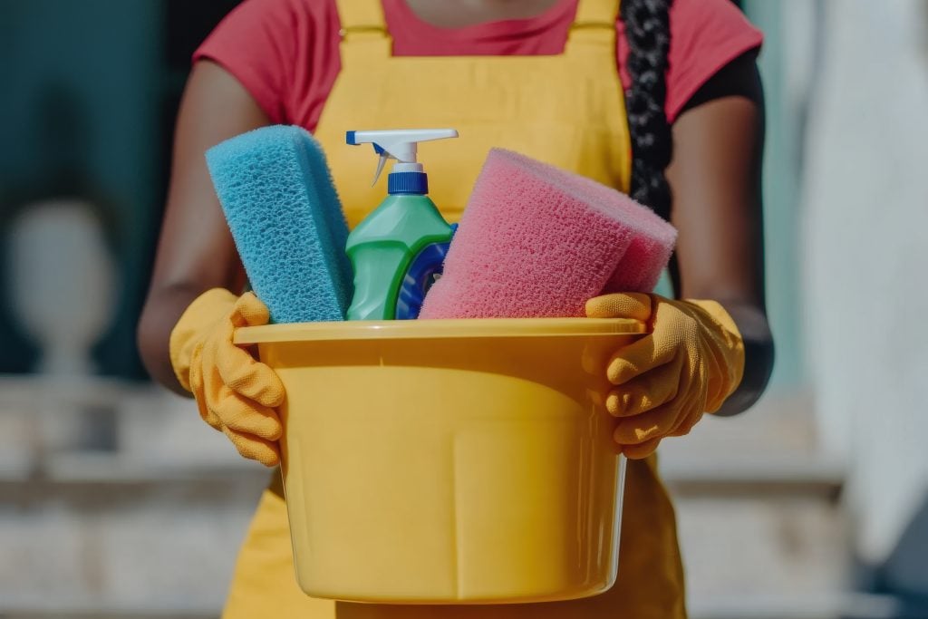 A cleaning lady is ready for work, holding a plastic bucket filled with cleaning supplies like sponges and sprays for effective cleaning.